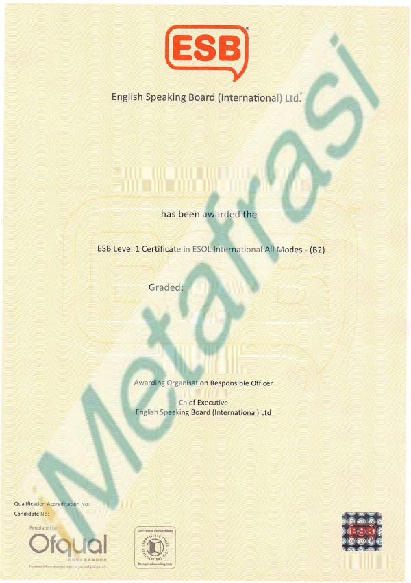 Πιστοποιητικό γλωσσομάθειας ESB Level 1 Certificate in ESOL International All Modes (B2) μπροστά όψη