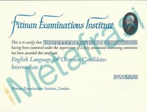 Μετάφραση Πιστοποιητικού Pitman Examinations Institute English Language for Overseas Candidates Intermediate μπροστά σελίδα